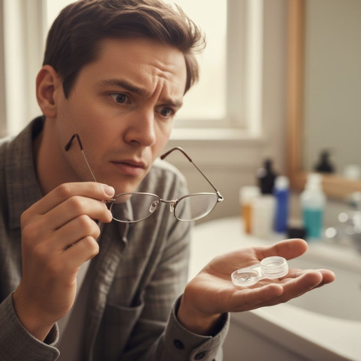 Man holds glasses and contacts