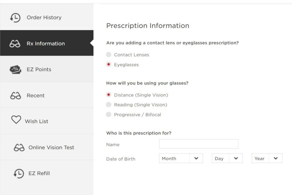 Prescription information on EZContacts