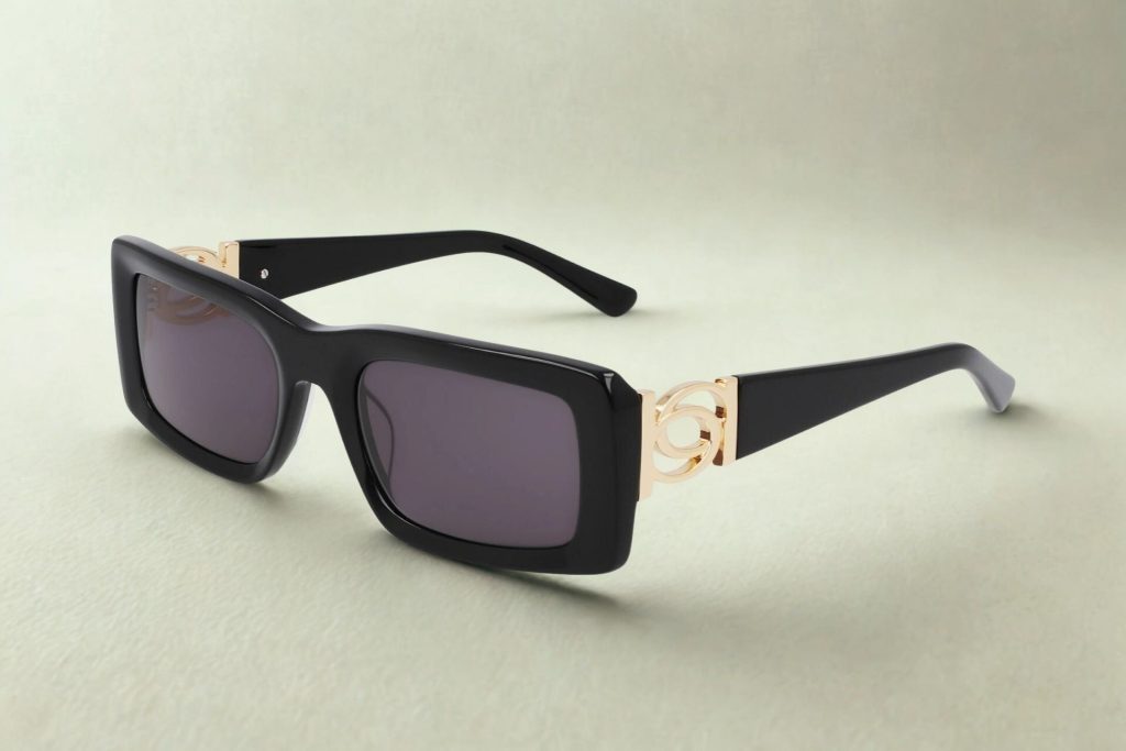 Bebe BB7266bL black rectangular sunglasses featuring a gold logo