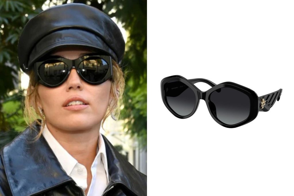 (Left) Miley Cyrus in black sunglasses (Right) Tory Burch TY7217U