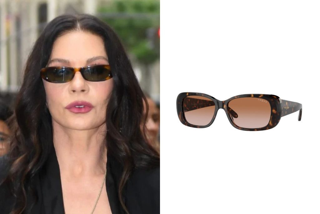 (Left) Catherine Zeta Jones wearing rectangular shades (Right) Vogue VO2606S sunglasses