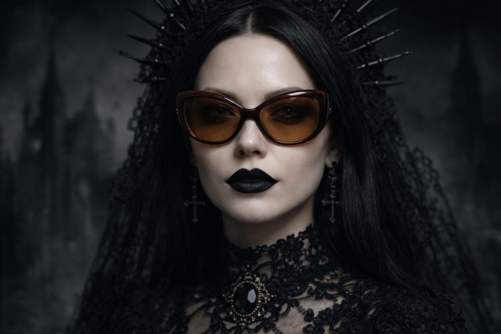 Woman in black outfit wearing dark sunglasses