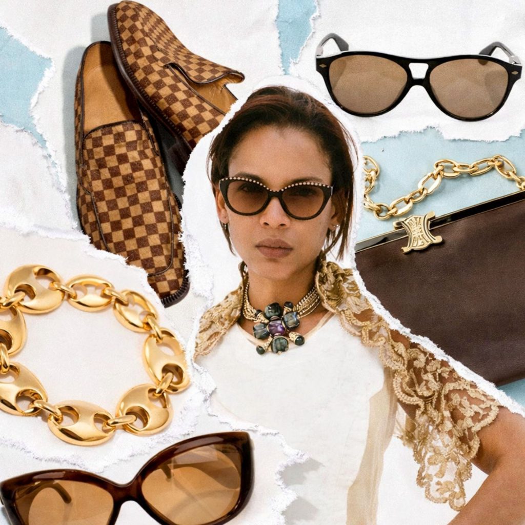 Collage featuring chrome hearts sunglasses and loafers