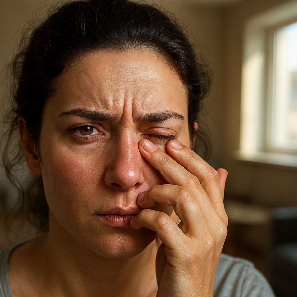 Woman touches her eye