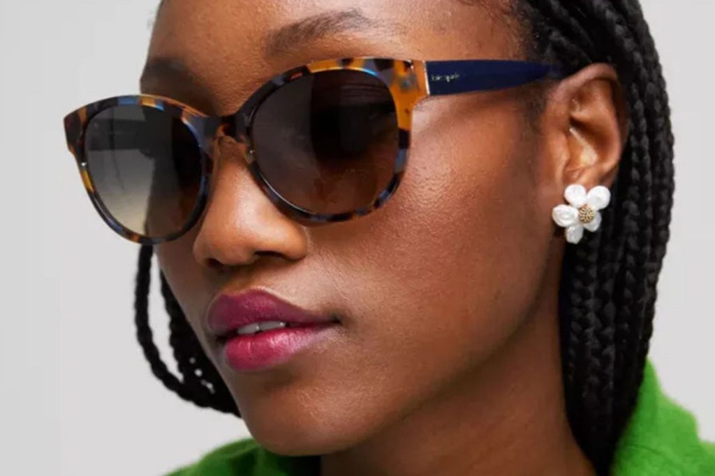 Model wearing 2026 Kate Spade Havana framed sunglasses