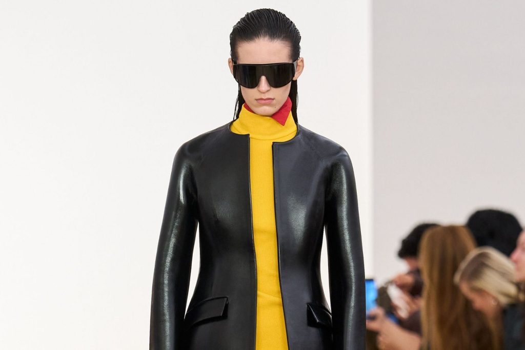 Model wearing oversized mask-shaped Loewe sunglasses