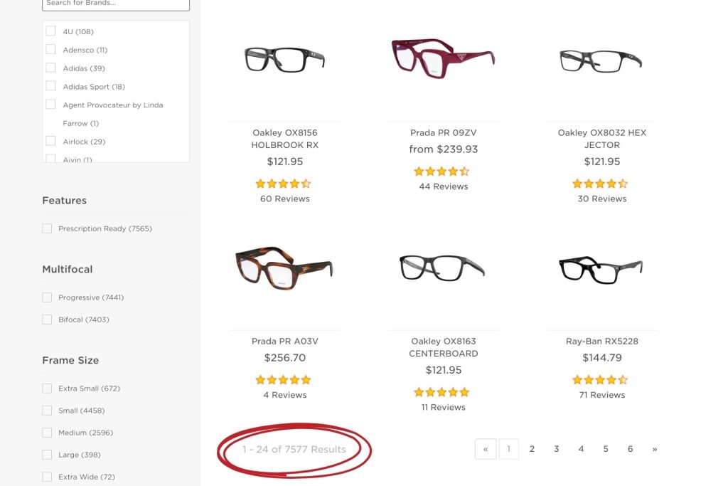 Number of eyeglasses at EZContacts