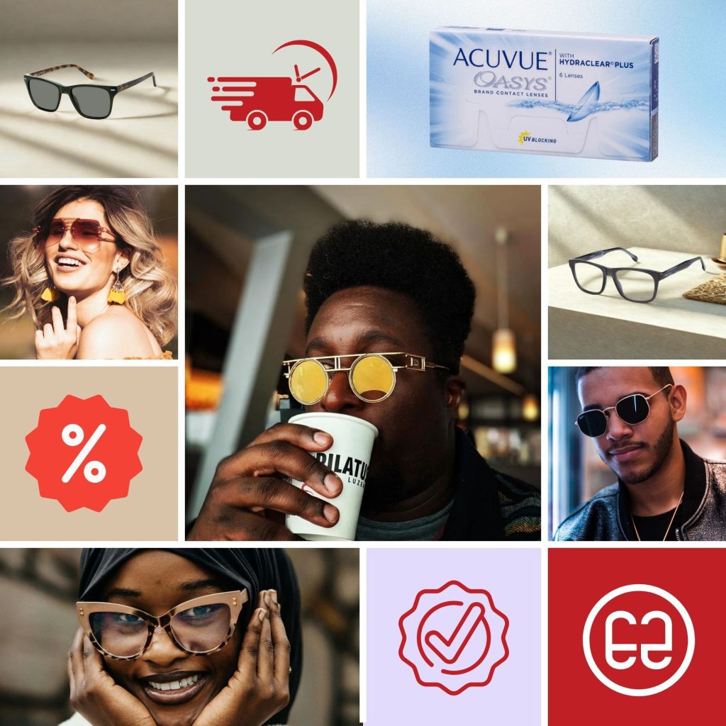 Collage featuring people in glasses and sunglasses and logos