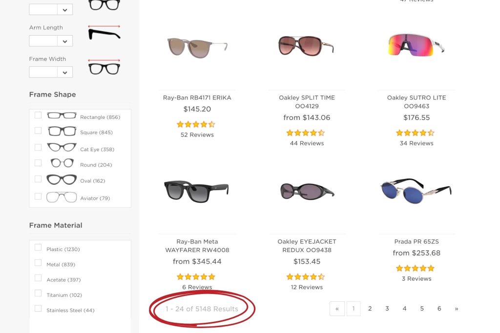 Number of sunglasses at EZContacts