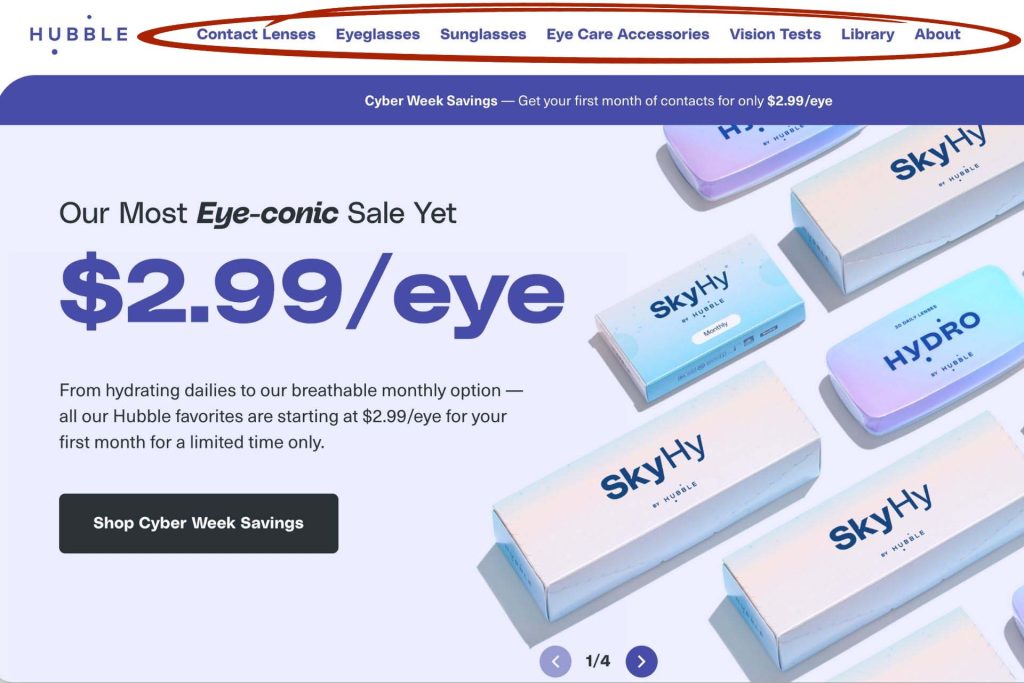 Hubble Contacts navigation bar