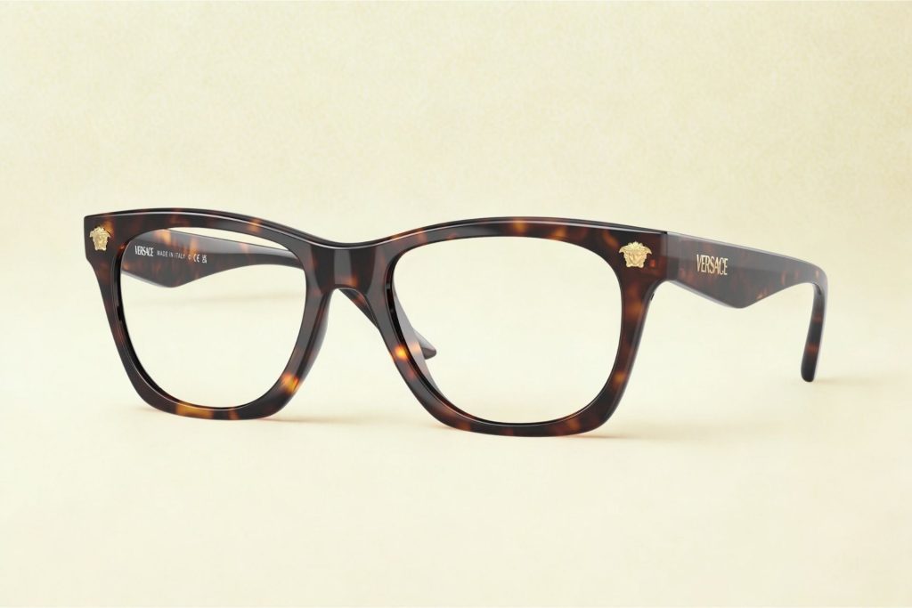 Versace VE3363U tortoiseshell frames featuring a gold logo