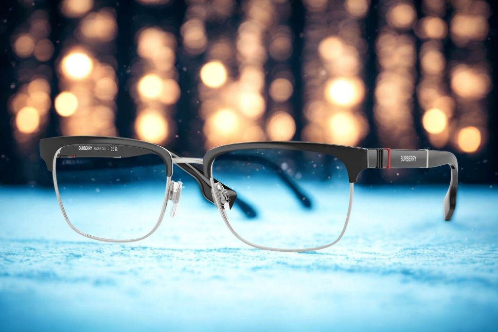 Half rimmed browline frames with the Burberry logo along the temple arms