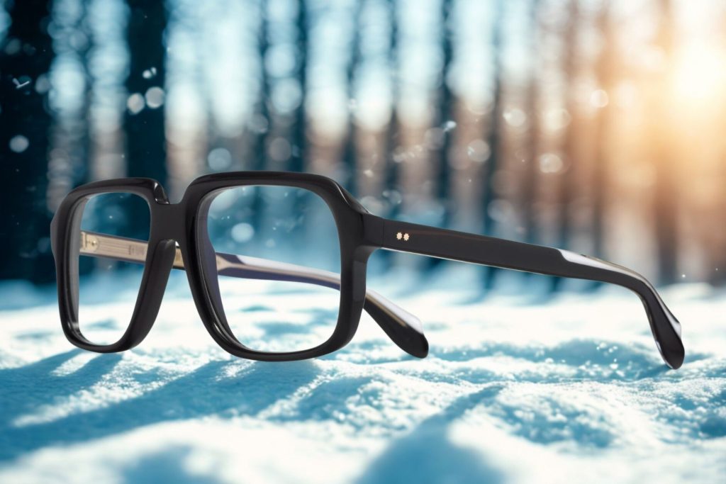 Black oversized plastic eyeglasses with white trimmings near the temple tips