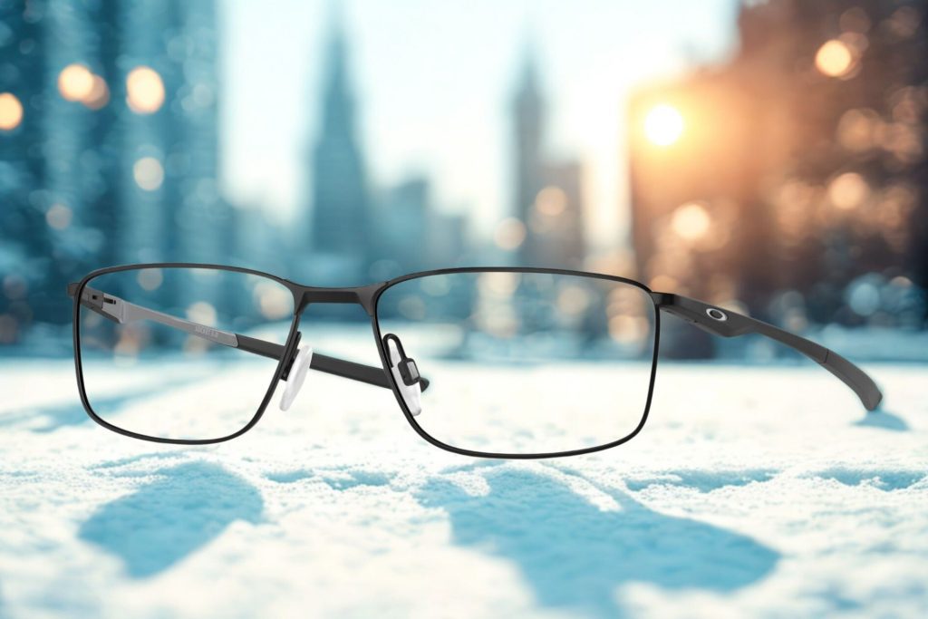Satin black rectangular metal eyeglasses with the Oakley logo near the hinges