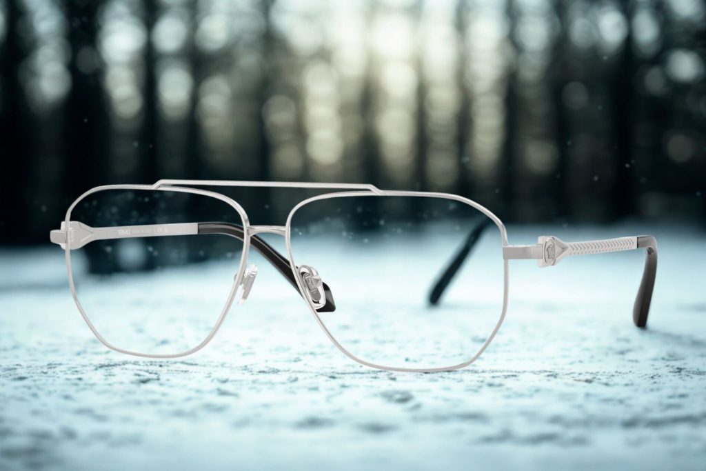 Hexagon-shaped silver-tinted metallic eyeglasses with black rubberized temple tips