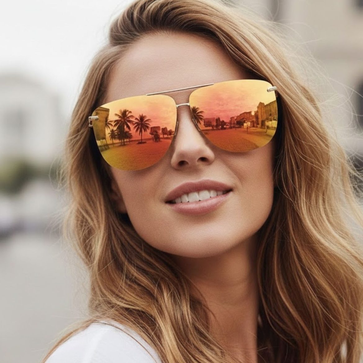 Woman wearing mirrored sunglasses