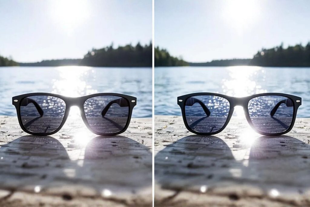 Side-by-side comparison of the views from pairs of polarized and standard sunglasses