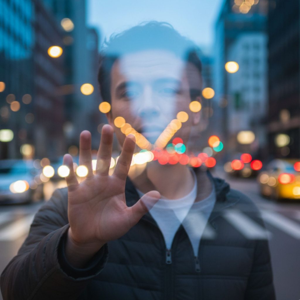 A person in the middle of the street, seen as doubles