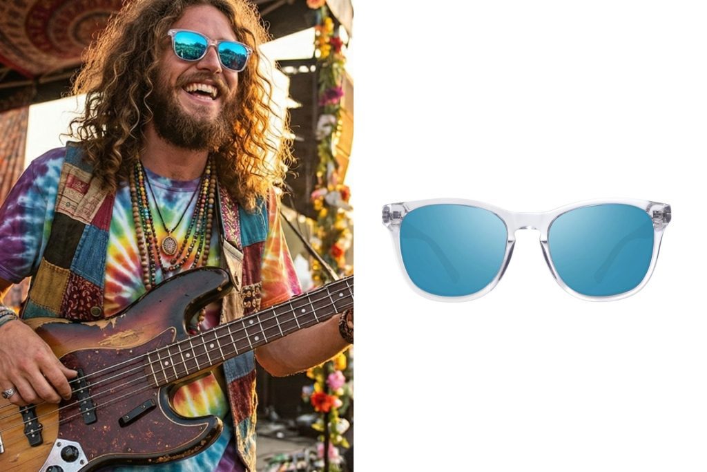 A bassist wearing sunglasses at an outdoor concert