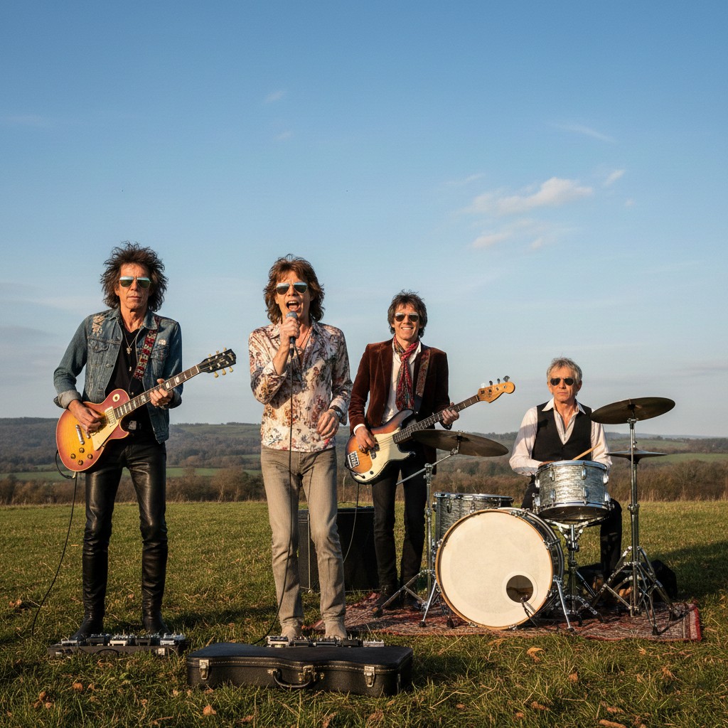 A rock band wearing glasses, playing outdoors