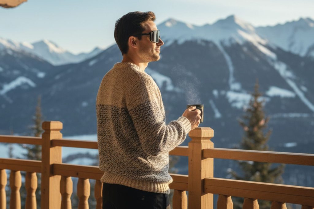 Man drinks a warm cup of coffee from the patio of his lodge while looking at the mountains