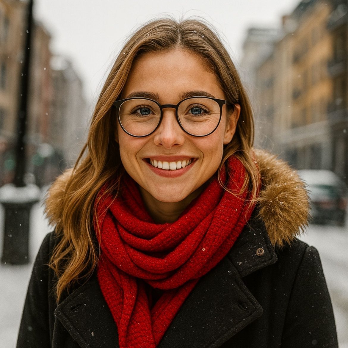 Woman wearing a black winter coat, red scarf, and eyeglasses stands outside a snowy urban setting