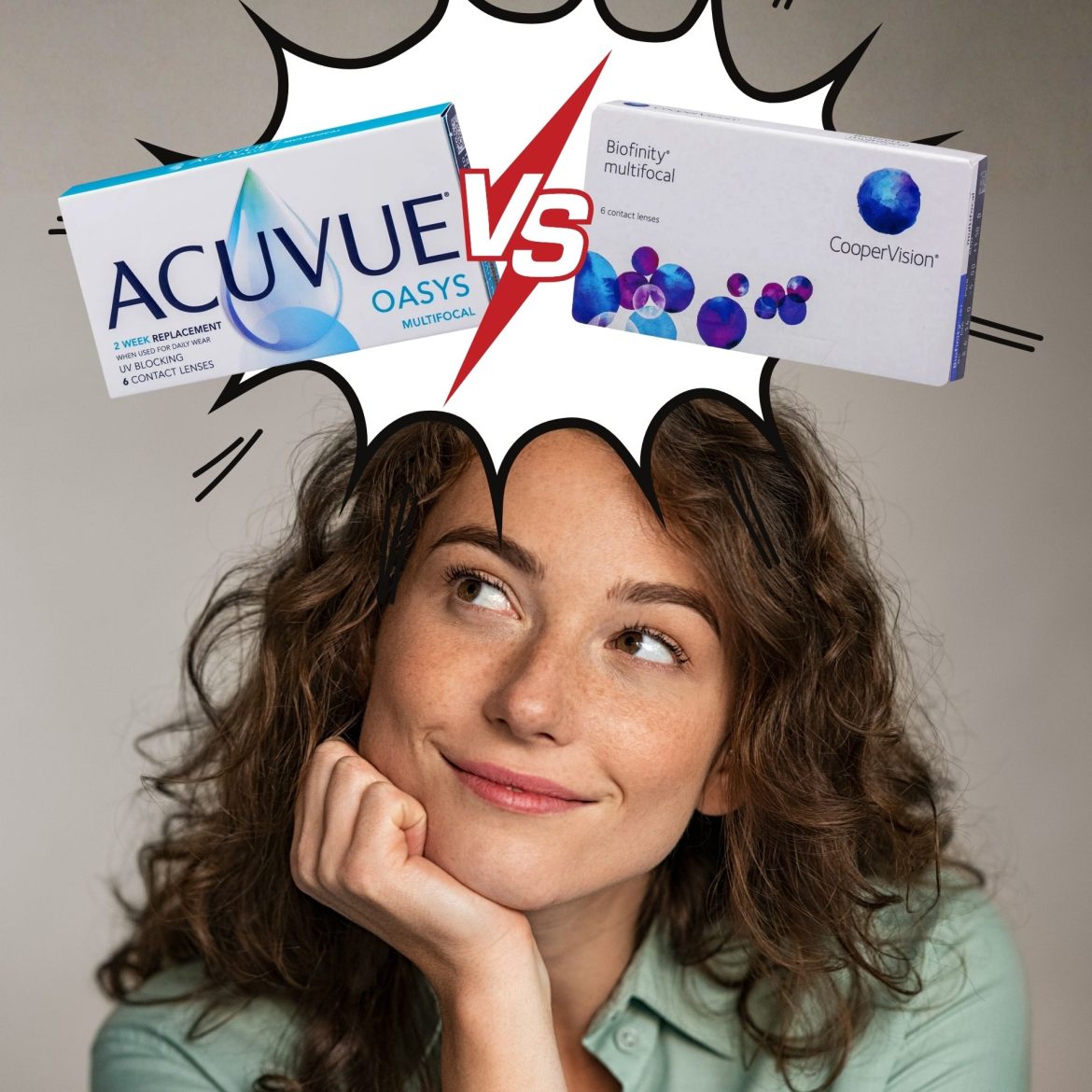 Woman thinking about ACUVUE Oasys multifocal and Biofinity multifocal