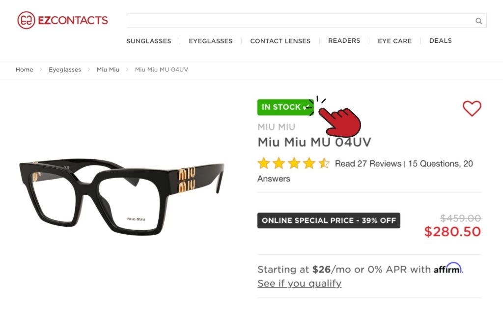 Miu Miu MU 04UV glasses webpage