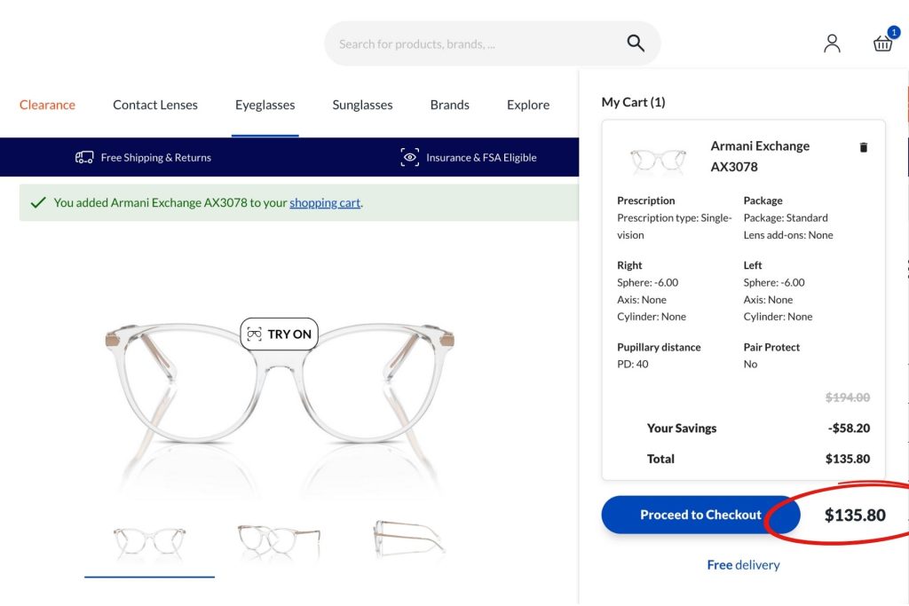 For Eyes Armani Exchange Checkout