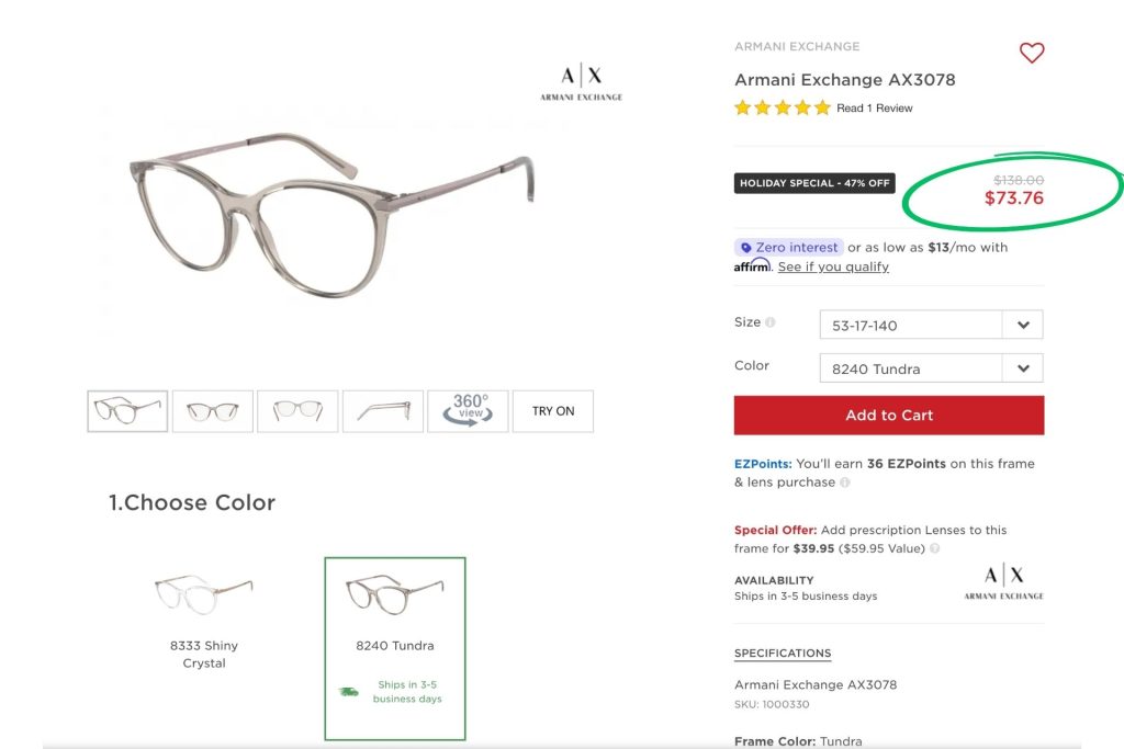 EZContacts Armani Exchange AX3078 glasses