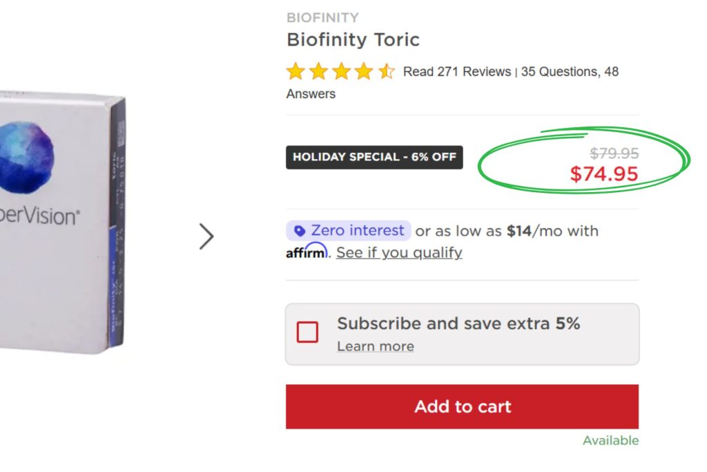 EZContacts Biofinity Toric contacts