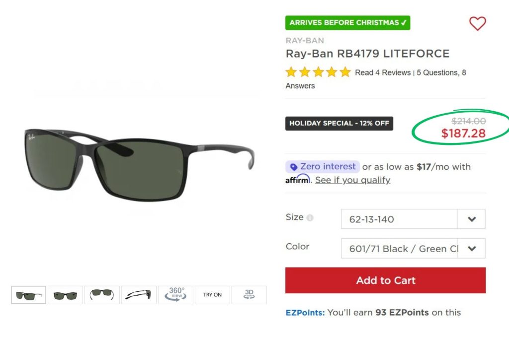 EZContacts Ray-Ban RB4179 LITEFORCE Sunglasses