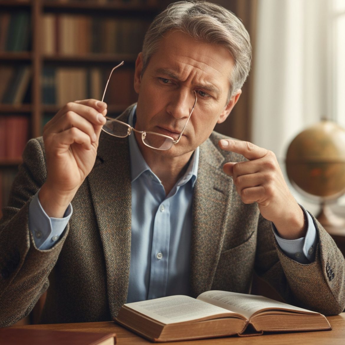 Man in a library examines his eyeglasses