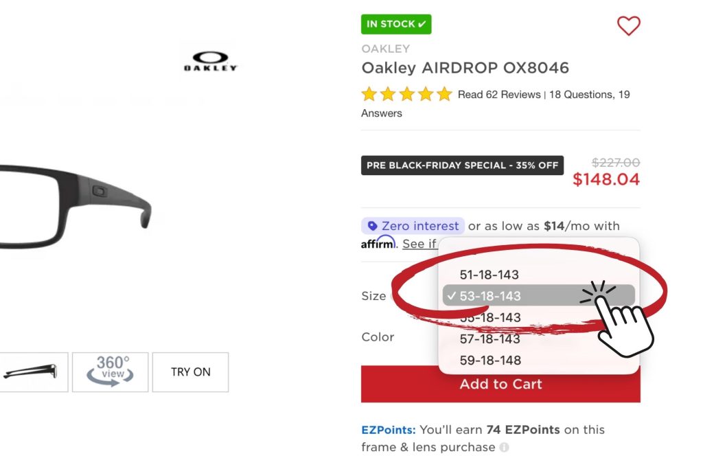 Glasses measurements on Oakley AIRDROP OX8046 page