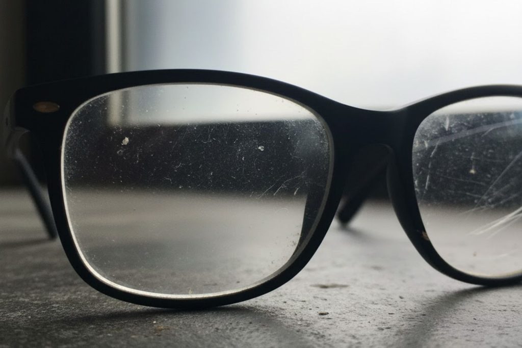 Close-up of scratched lenses