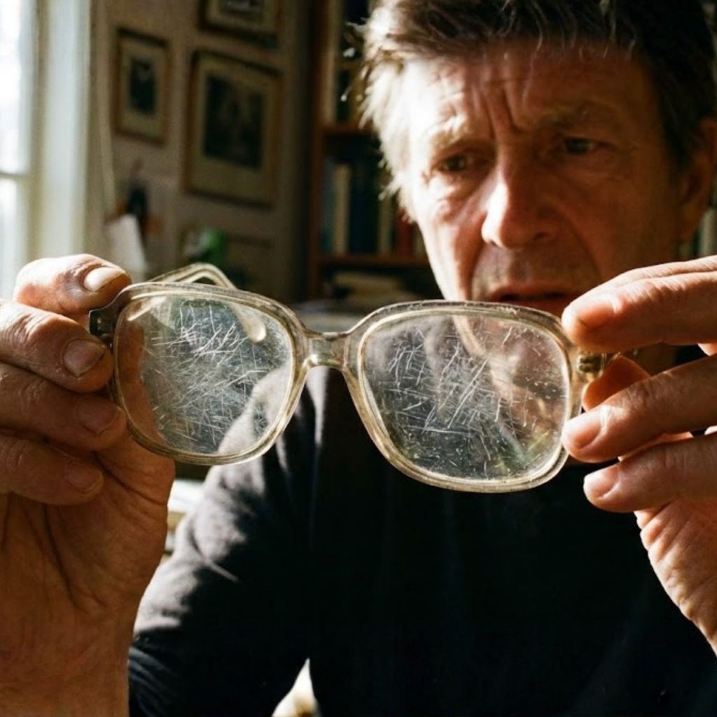 Man holds scratched-up glasses