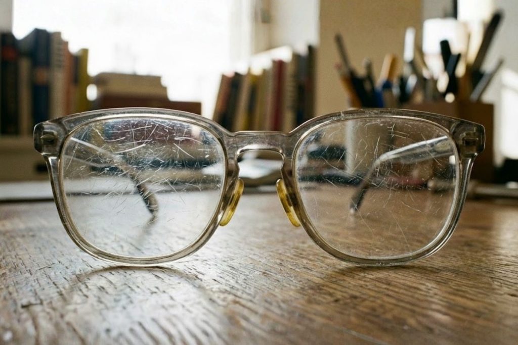 Scratched glasses on table