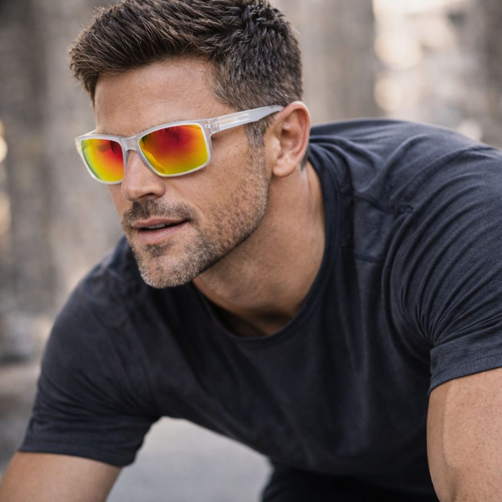 Man wearing mirrored sunglasses