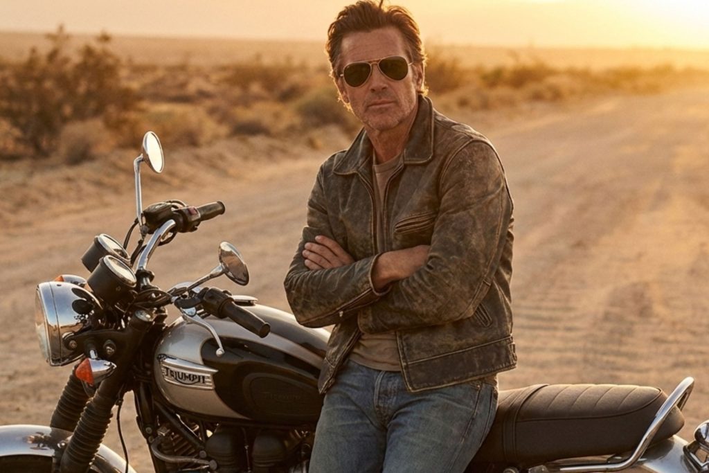 Man wearing Aviator sunglasses while sitting on his motorcycle