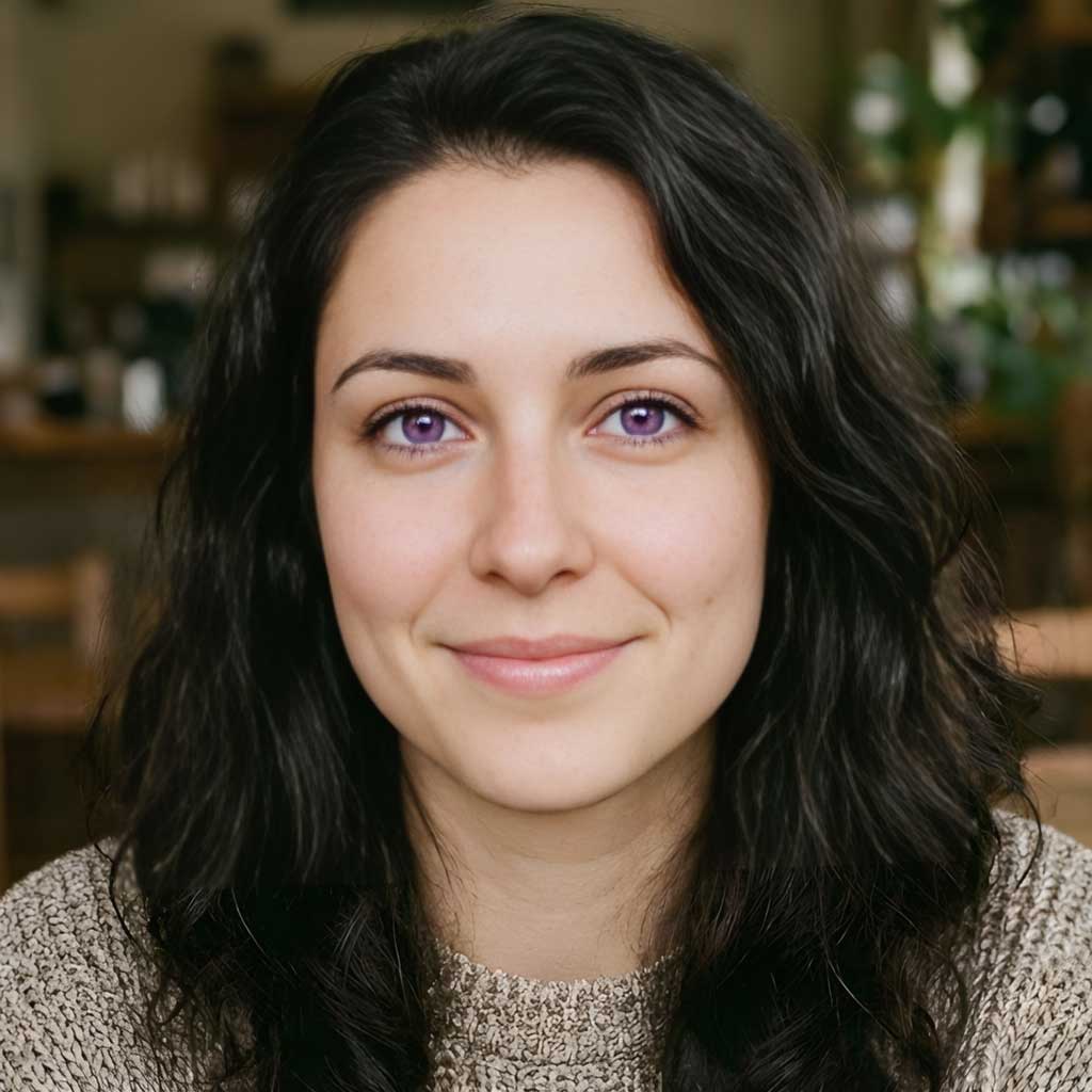 Woman in gray sweater with purple eyes