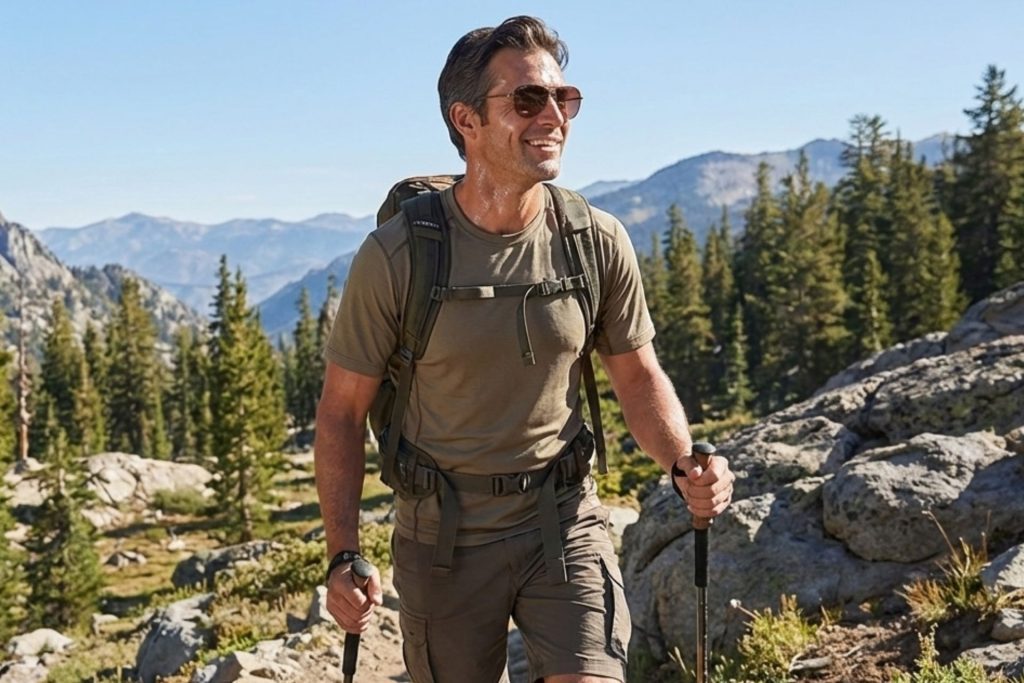 Man hiking while wearing sunglasses and a khaki outfit