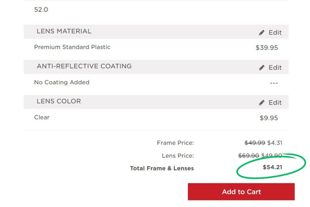 Glasses cost at EZContacts