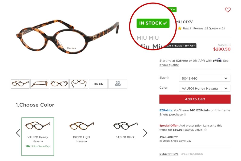 In-Stock button at EZContacts