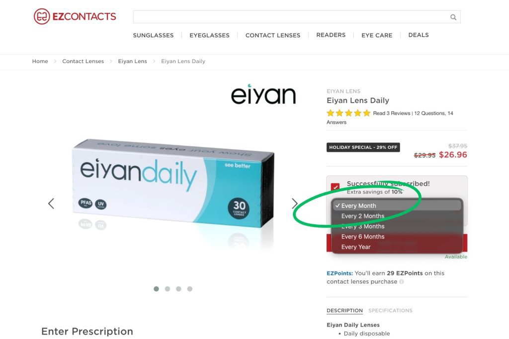 Contact lens subscription at EZContacts