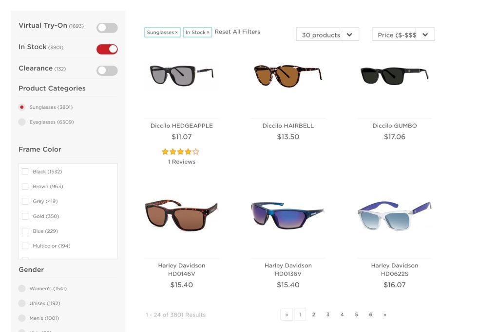 EZContacts sunglasses page