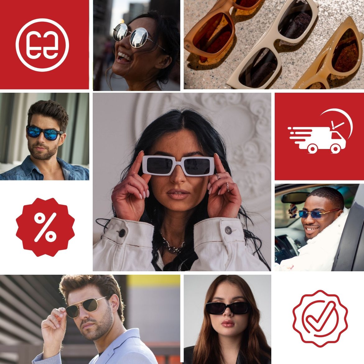 Collage of sunglasses and EZContacts symbols