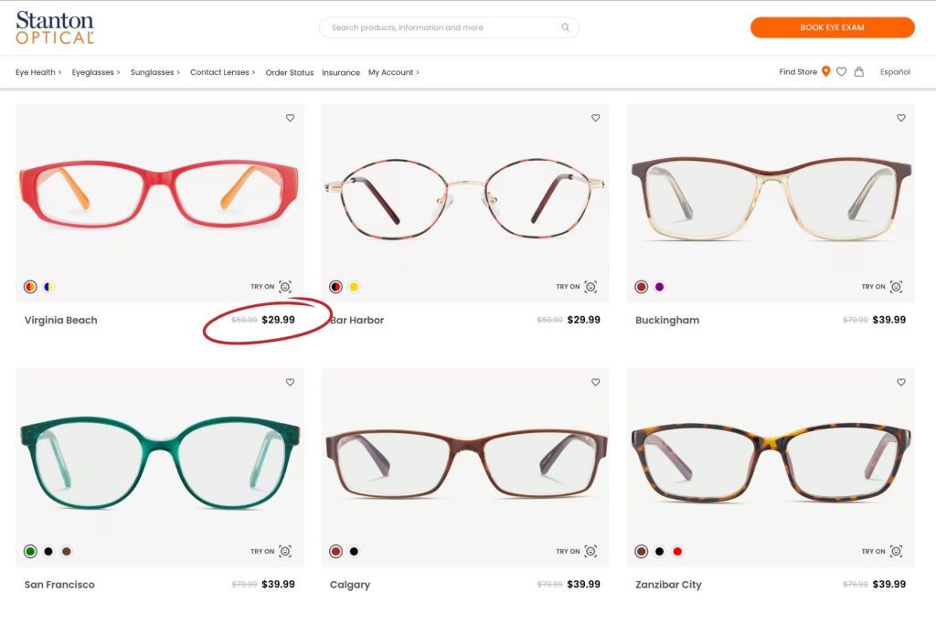 Stanton Optical glasses page