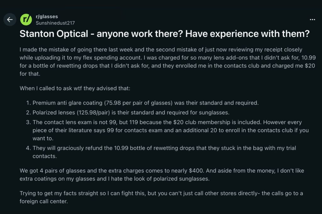 Stanton Optical Reddit screenshot