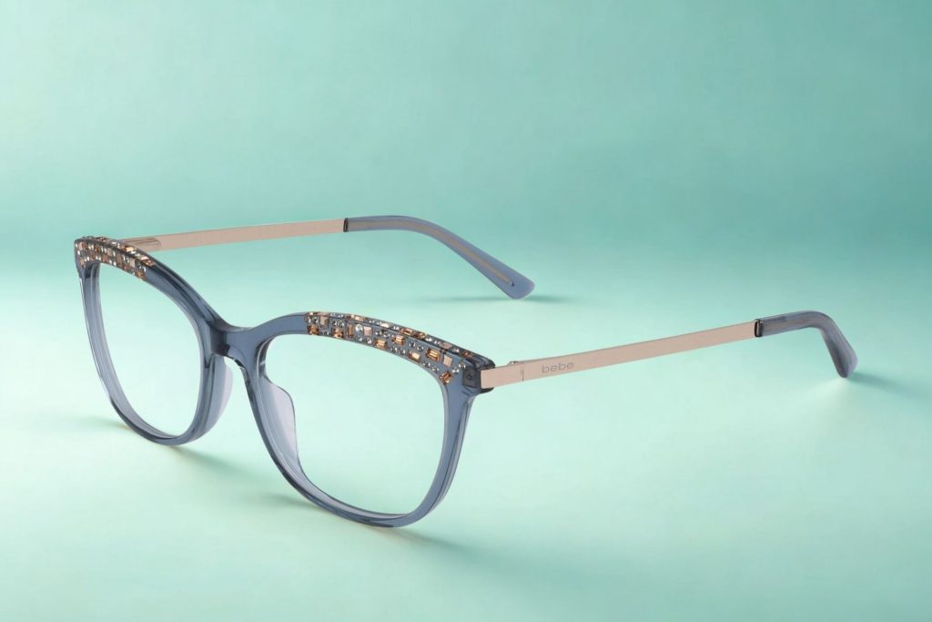 Bebe BB5179 blue glasses featuring rhinestone details