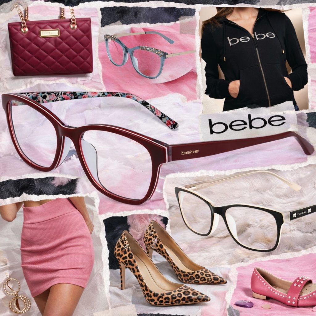Collage of Bebe glasses and fashionable items